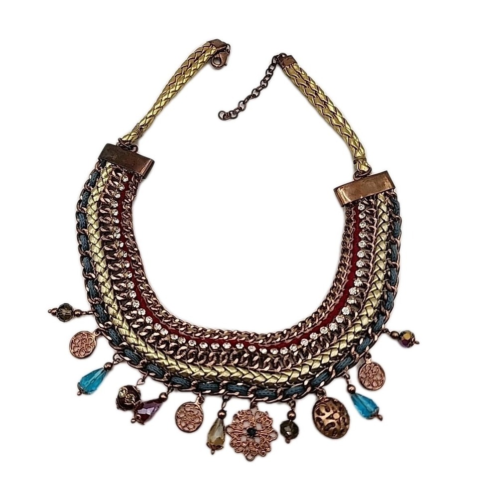 Vintage Egyptian Cleopatra Woven Dangle Charm Bib Gold Tone Statement Necklace